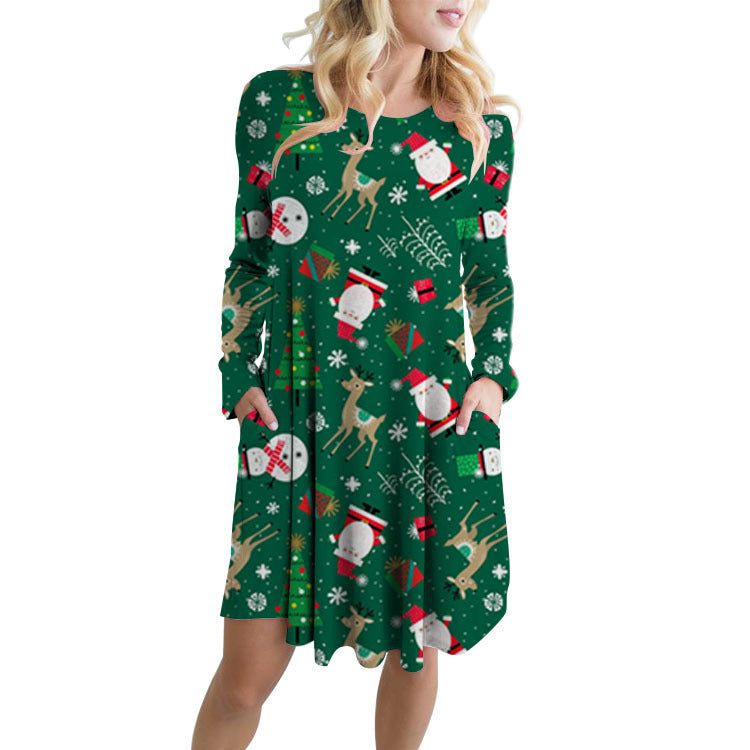 Fashionable Santa Printed Big Swing Pocket Dress