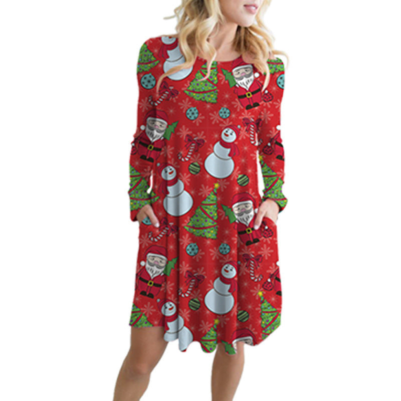 Fashionable Santa Printed Big Swing Pocket Dress