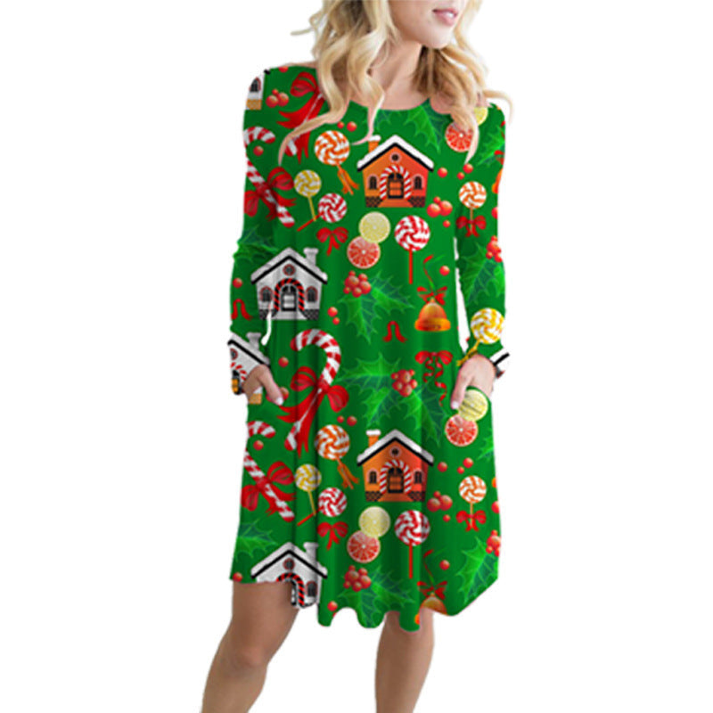 Fashionable Santa Printed Big Swing Pocket Dress