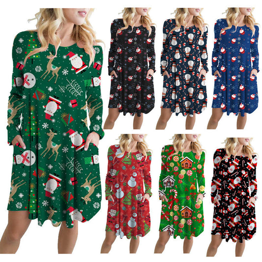 Fashionable Santa Printed Big Swing Pocket Dress