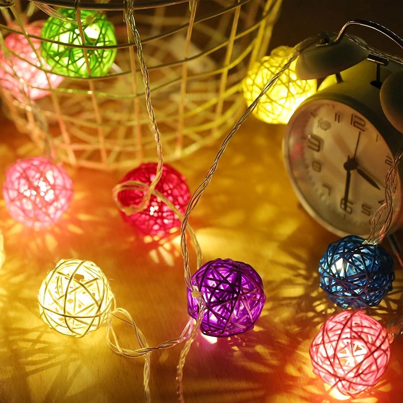 Brangdy 20 Rattan Balls LED String Lights, Battery-Operated Garland, Cotton Ball Light Chain, Guirlande Lumineuse, Holiday Christmas Ball Decorations