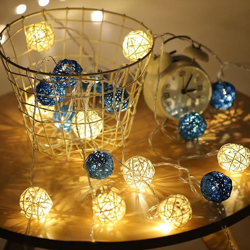 Brangdy 20 Rattan Balls LED String Lights, Battery-Operated Garland, Cotton Ball Light Chain, Guirlande Lumineuse, Holiday Christmas Ball Decorations