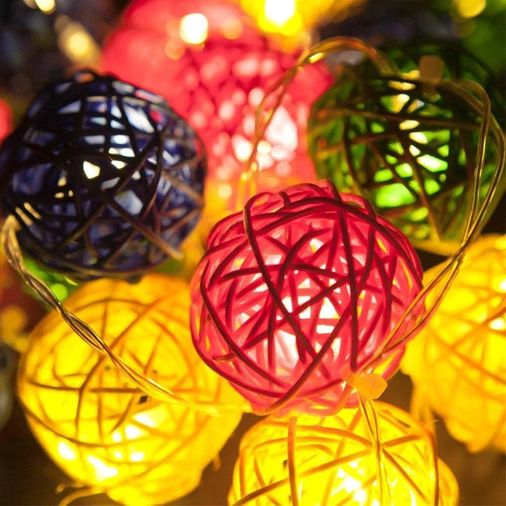 Brangdy 20 Rattan Balls LED String Lights, Battery-Operated Garland, Cotton Ball Light Chain, Guirlande Lumineuse, Holiday Christmas Ball Decorations