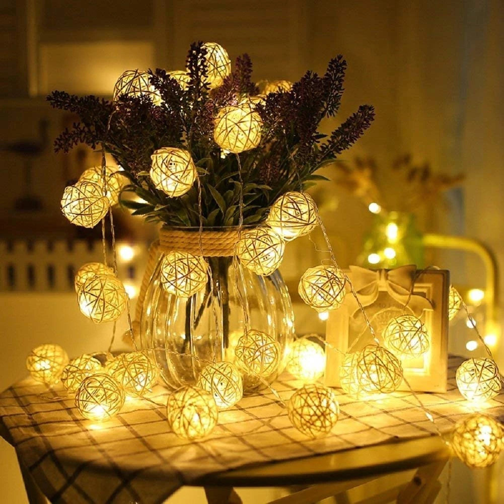 Brangdy 20 Rattan Balls LED String Lights, Battery-Operated Garland, Cotton Ball Light Chain, Guirlande Lumineuse, Holiday Christmas Ball Decorations