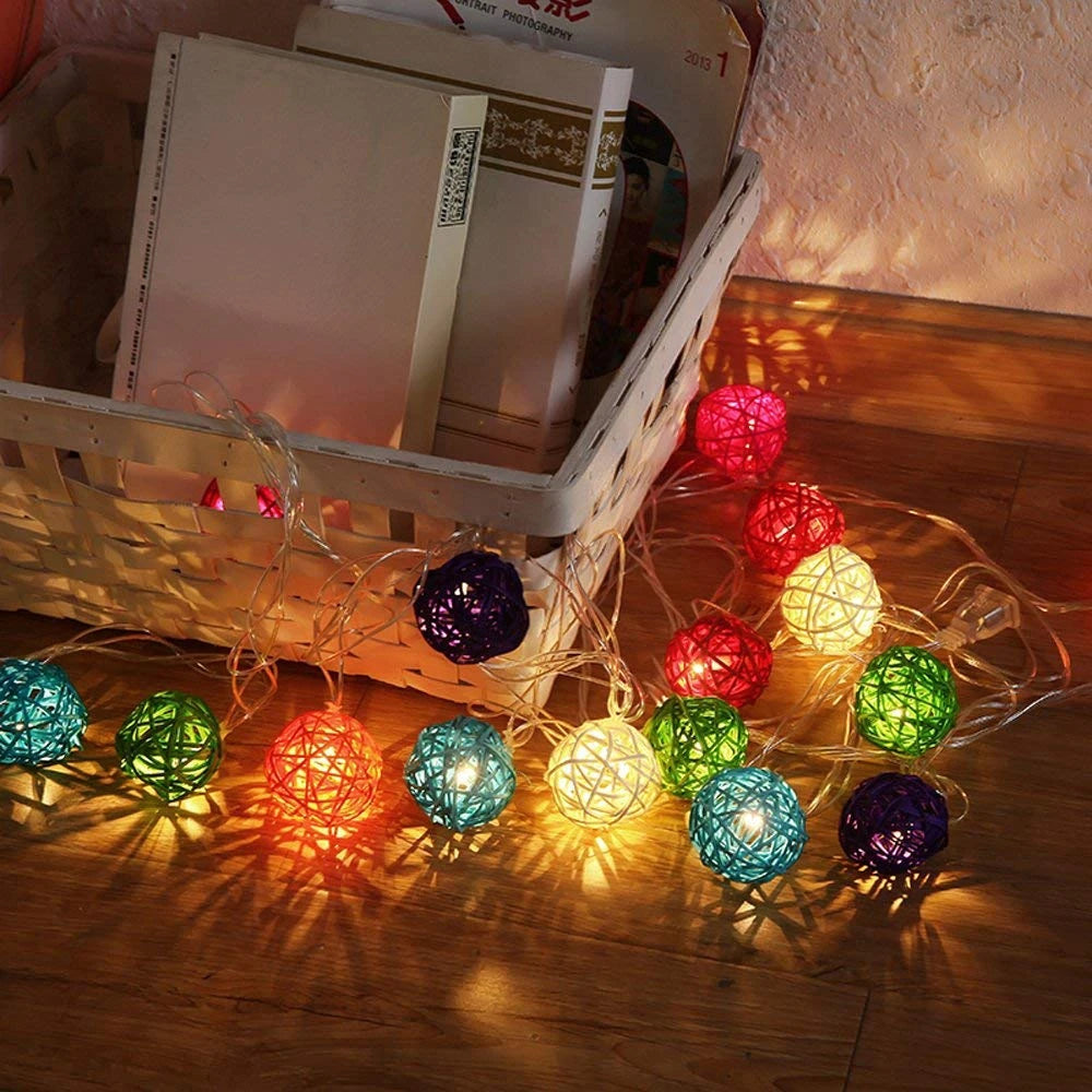 Brangdy 20 Rattan Balls LED String Lights, Battery-Operated Garland, Cotton Ball Light Chain, Guirlande Lumineuse, Holiday Christmas Ball Decorations