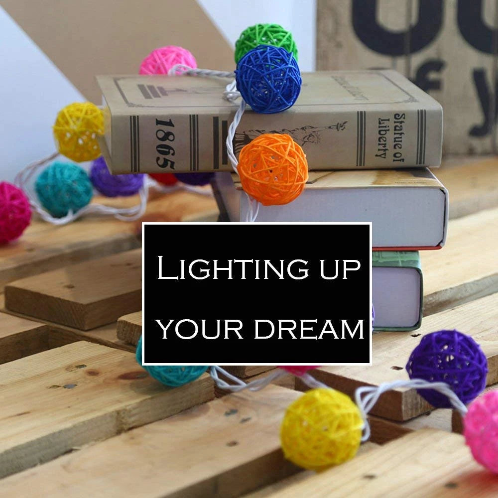 Brangdy 20 Rattan Balls LED String Lights, Battery-Operated Garland, Cotton Ball Light Chain, Guirlande Lumineuse, Holiday Christmas Ball Decorations