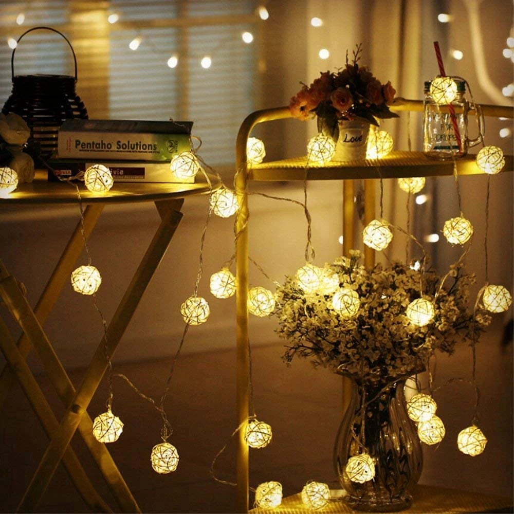 Brangdy 20 Rattan Balls LED String Lights, Battery-Operated Garland, Cotton Ball Light Chain, Guirlande Lumineuse, Holiday Christmas Ball Decorations