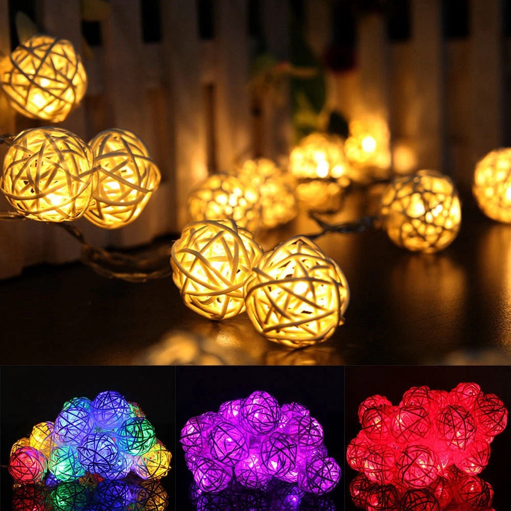 Brangdy 20 Rattan Balls LED String Lights, Battery-Operated Garland, Cotton Ball Light Chain, Guirlande Lumineuse, Holiday Christmas Ball Decorations