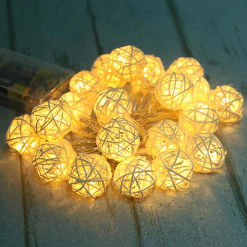 Brangdy 20 Rattan Balls LED String Lights, Battery-Operated Garland, Cotton Ball Light Chain, Guirlande Lumineuse, Holiday Christmas Ball Decorations