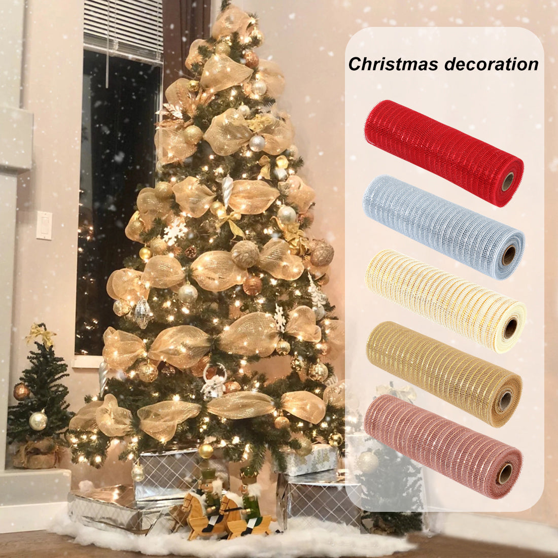 10-Yard Christmas Ribbon for DIY Projects, Xmas Tree Wreath, Glitter Mesh Silk Ribbon for Wedding and Navidad Christmas Home Decorations