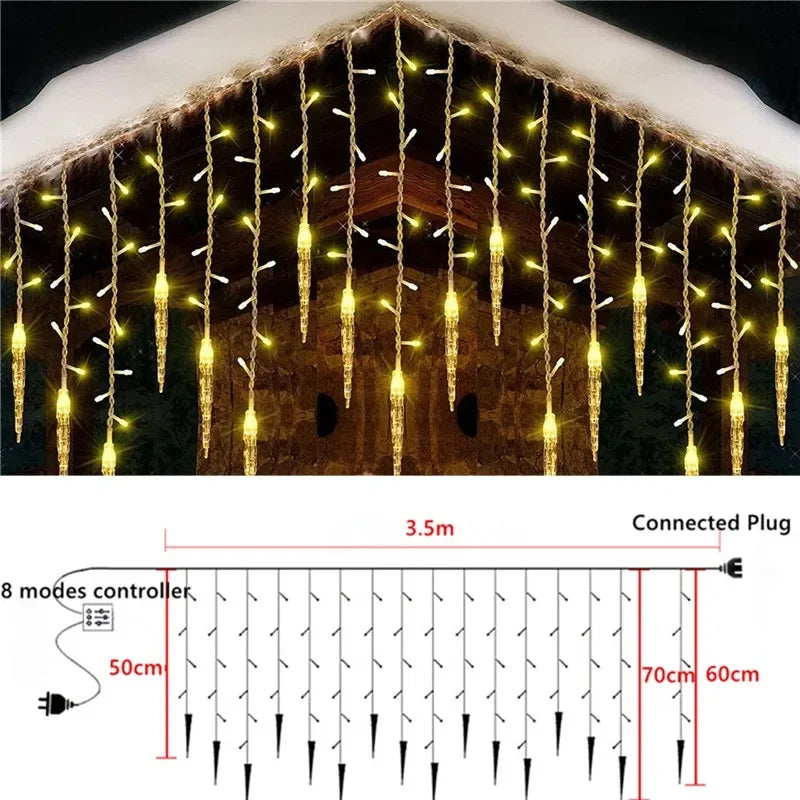 Hanging LED Ice Piton Fairy String Lights, Drooping Curtain Garland Christmas Lights for Eaves, Home, Outdoor, Party, and Garden Decoration