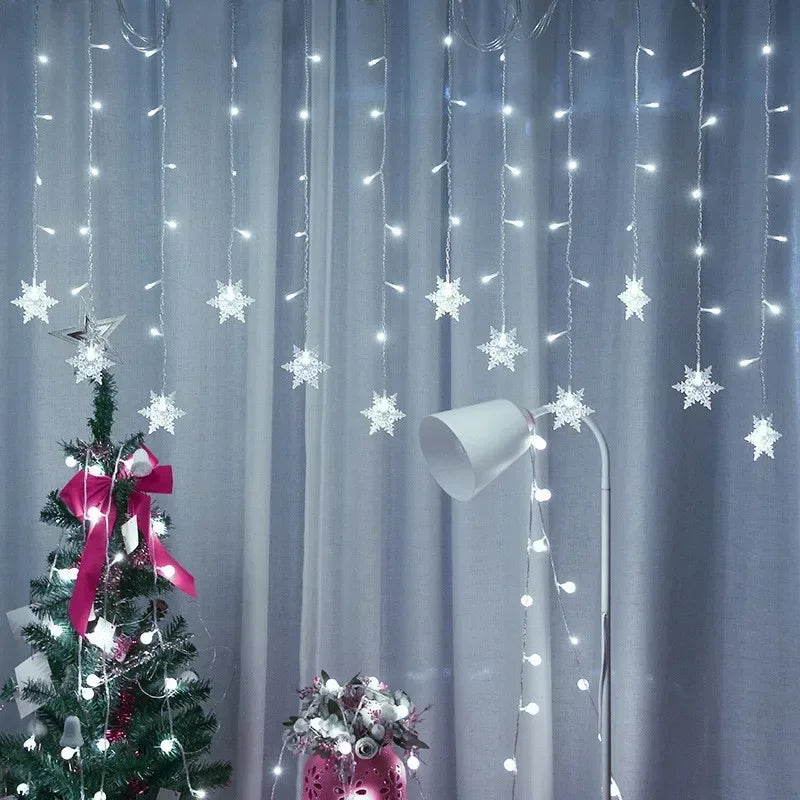 EU Plug Outdoor LED Light Garland for Home, Garden, and Party Decoration, Snowflake Curtain Icicle Fairy String Lights for Christmas