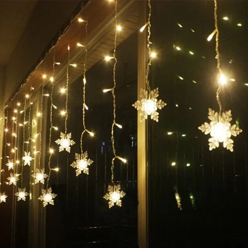 EU Plug Outdoor LED Light Garland for Home, Garden, and Party Decoration, Snowflake Curtain Icicle Fairy String Lights for Christmas