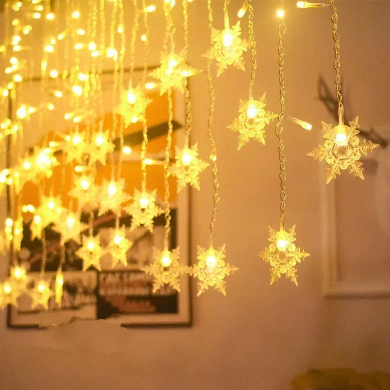 EU Plug Outdoor LED Light Garland for Home, Garden, and Party Decoration, Snowflake Curtain Icicle Fairy String Lights for Christmas