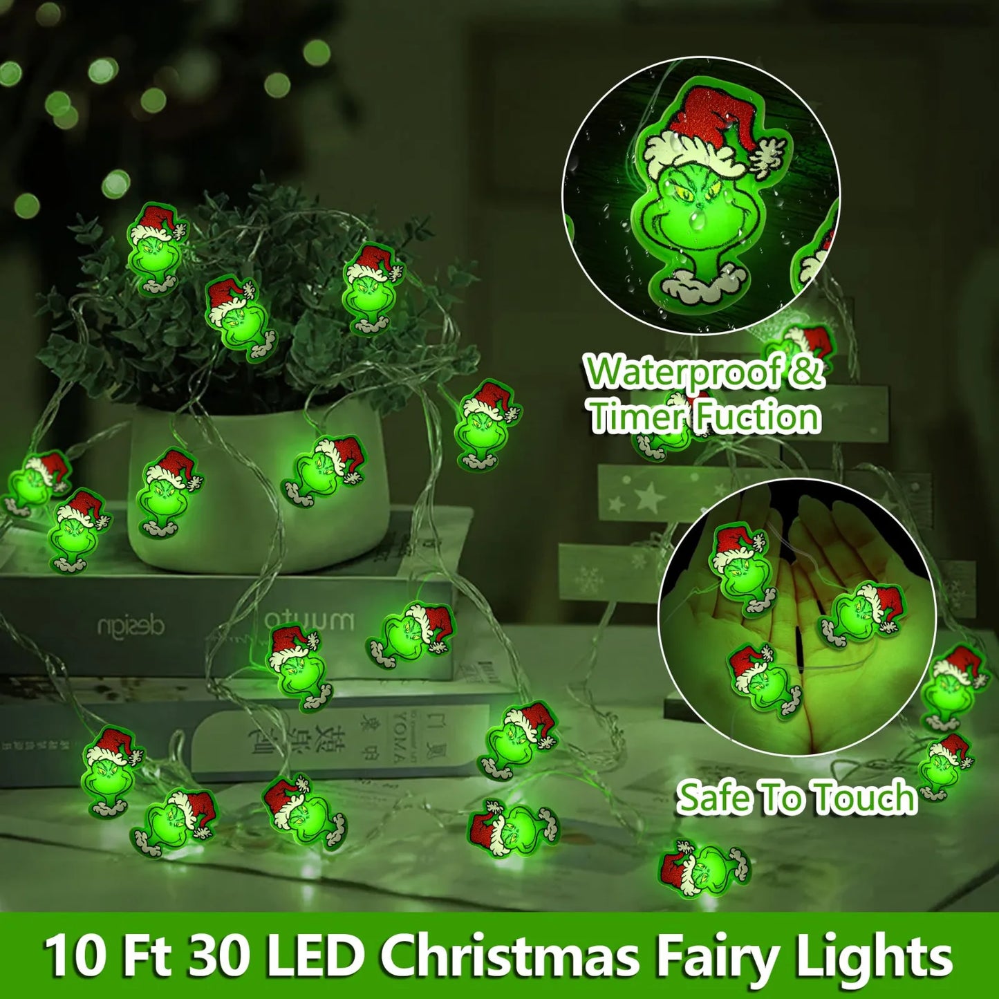 10 Ft 30 LED Battery-Operated Christmas Lights with Timer, Green Christmas String Lights, Indoor Holiday Decor, Garland Necklace