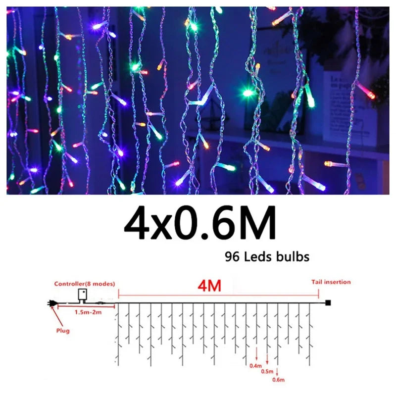 Hanging LED Ice Piton Fairy String Lights, Drooping Curtain Garland Christmas Lights for Eaves, Home, Outdoor, Party, and Garden Decoration