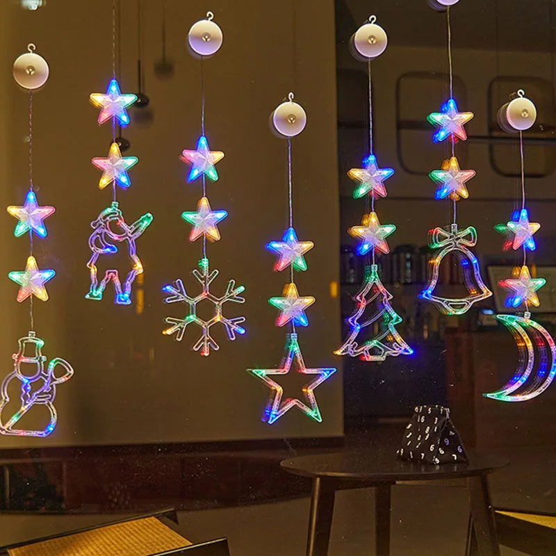 LED Star and Moon Xmas Suction Cup Lamp, Christmas Decorations for Home, Wedding Party Window Hanging Ornaments, Navidad New Year Gifts