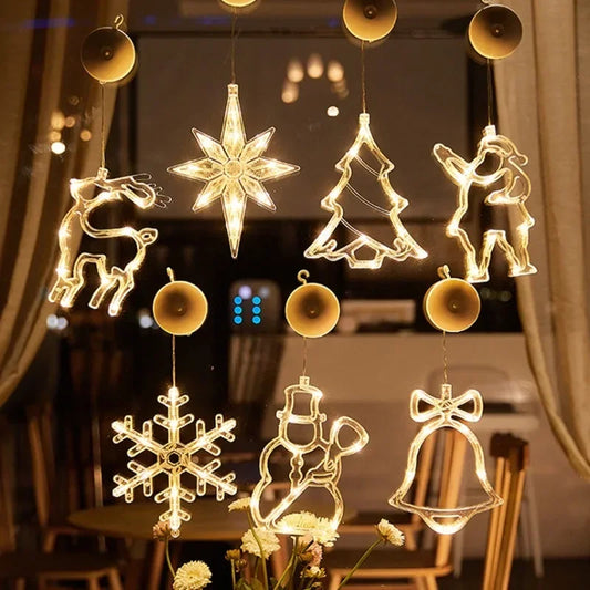 LED Christmas Snowflake Lights, Santa Hanging Sucker Lamp, Window Ornaments, Holiday Home Decor, Christmas Decorations