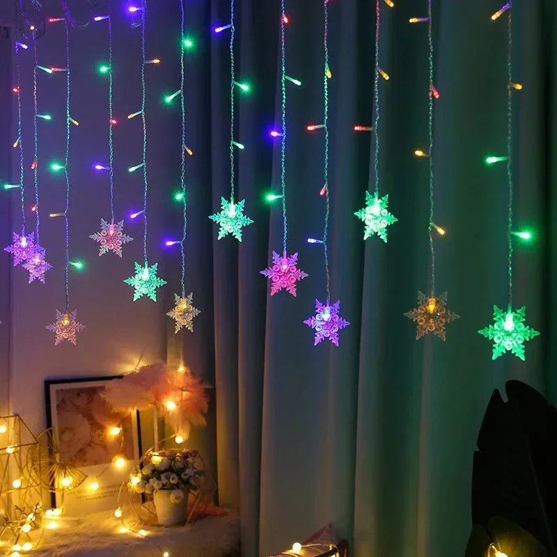 EU Plug Outdoor LED Light Garland for Home, Garden, and Party Decoration, Snowflake Curtain Icicle Fairy String Lights for Christmas