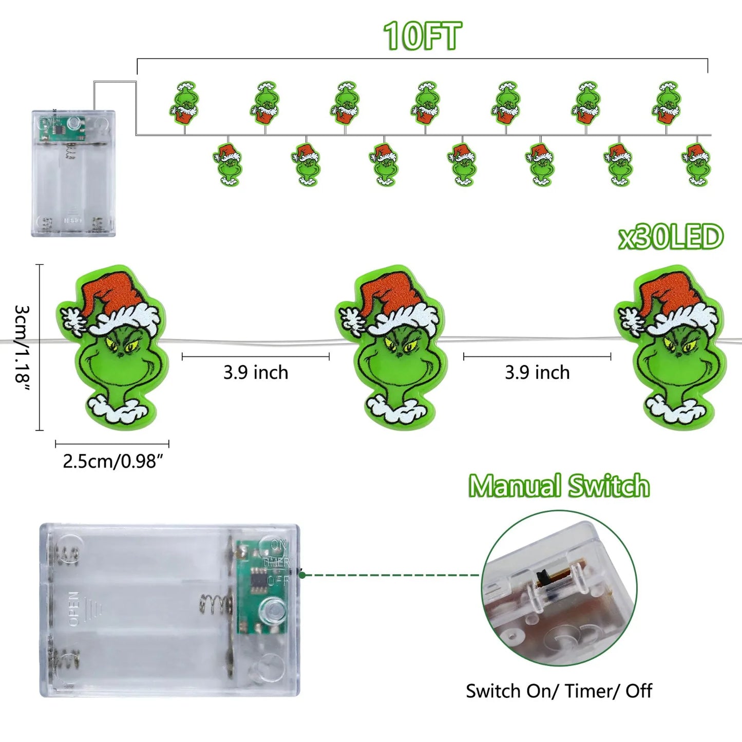 10 Ft 30 LED Battery-Operated Christmas Lights with Timer, Green Christmas String Lights, Indoor Holiday Decor, Garland Necklace