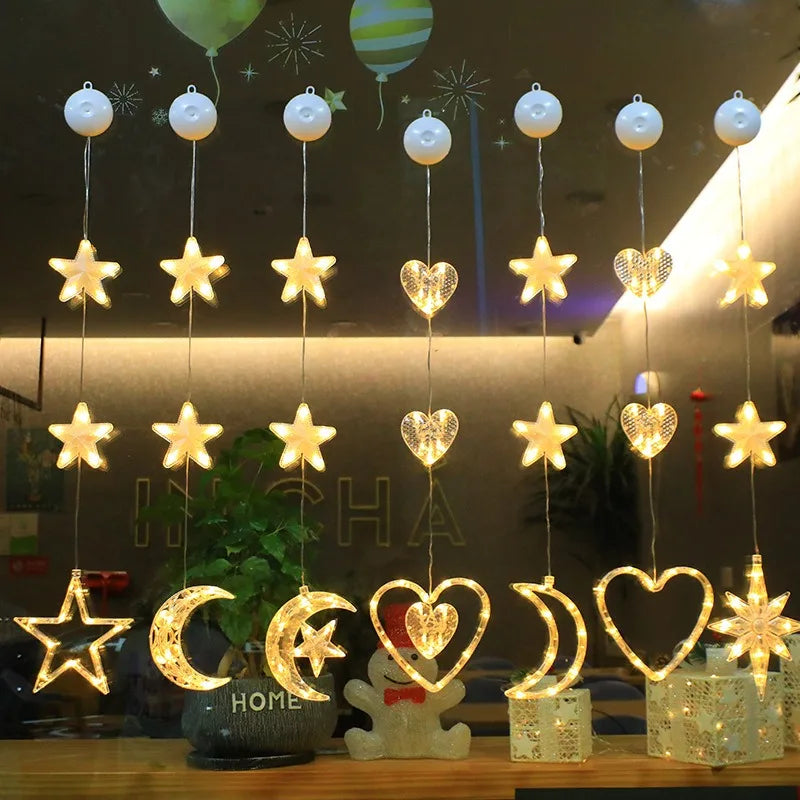 LED Star and Moon Xmas Suction Cup Lamp, Christmas Decorations for Home, Wedding Party Window Hanging Ornaments, Navidad New Year Gifts