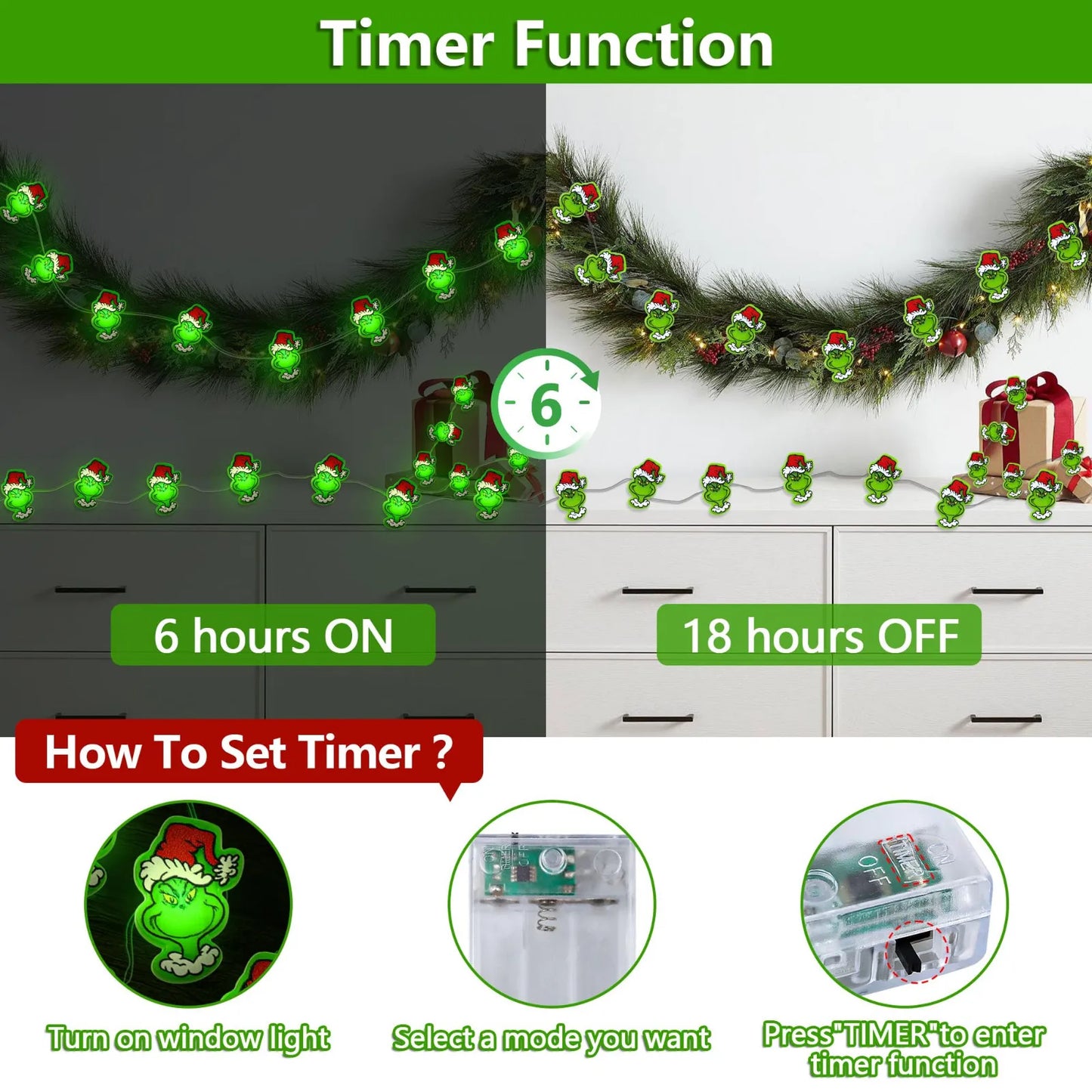 10 Ft 30 LED Battery-Operated Christmas Lights with Timer, Green Christmas String Lights, Indoor Holiday Decor, Garland Necklace