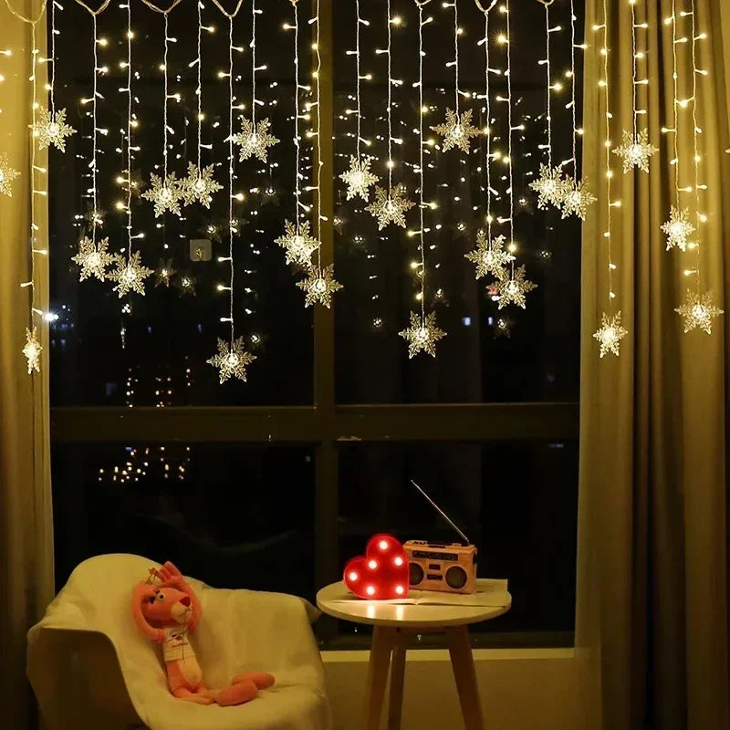 EU Plug Outdoor LED Light Garland for Home, Garden, and Party Decoration, Snowflake Curtain Icicle Fairy String Lights for Christmas