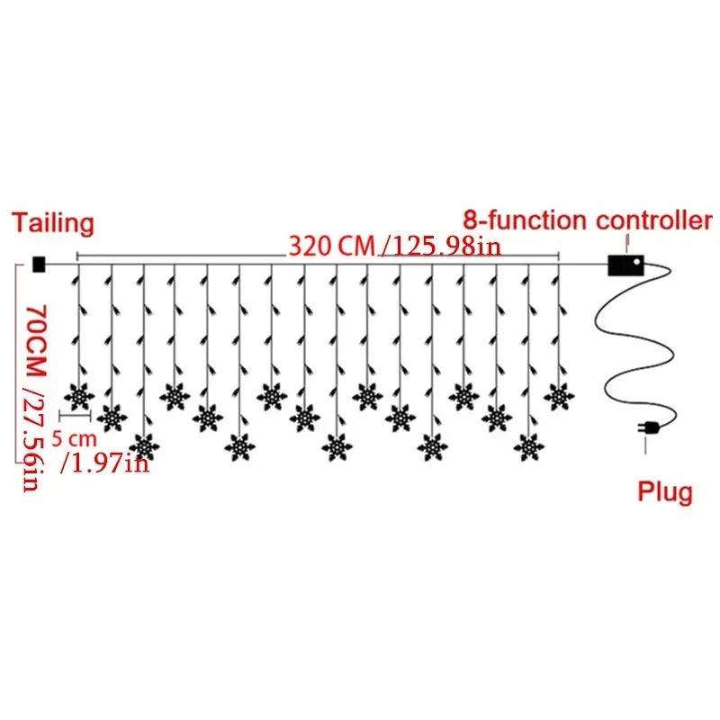 EU Plug Outdoor LED Light Garland for Home, Garden, and Party Decoration, Snowflake Curtain Icicle Fairy String Lights for Christmas