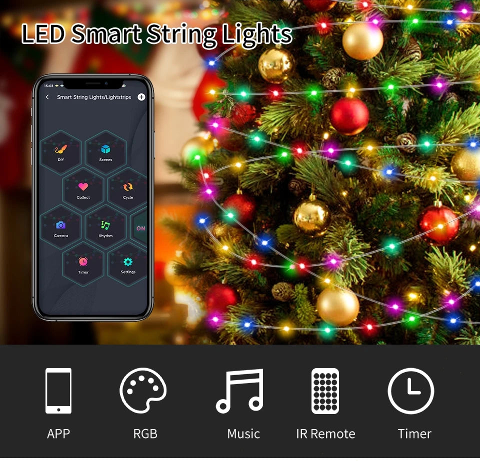 Aamasun 10M/5M LED String Lights, Bluetooth USB Smart Garland, Fairy Festoon Christmas Lights, Home, Bedroom, Party Decor with Remote Control, 3M