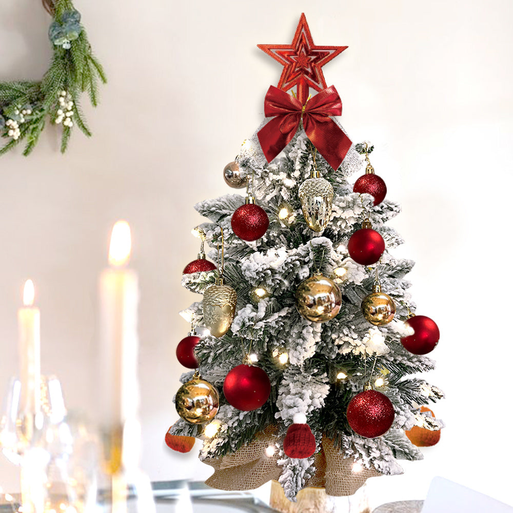 2ft Mini Christmas Tree With Light Woodland Artificial Small Tabletop Christmas Decoration With Flocked Snow, Exquisite Decor & Xmas Ornaments For Table Top For Home & Office