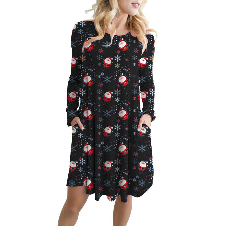 Fashionable Santa Printed Big Swing Pocket Dress