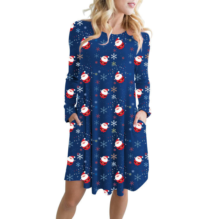 Fashionable Santa Printed Big Swing Pocket Dress